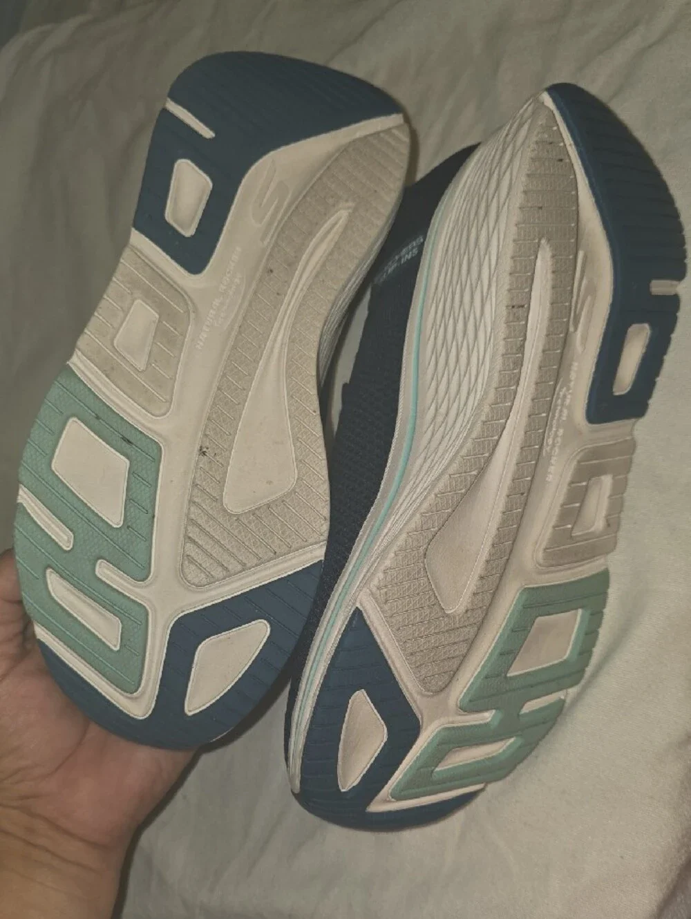 Skechers Slip-On Max Cushion Walking Sneakers in Navy and Light Blue